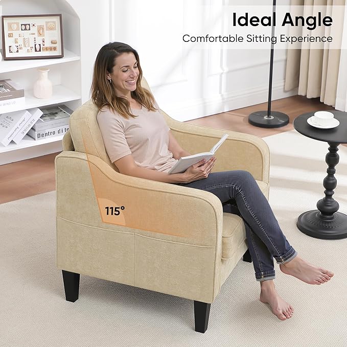 Accent Chair for Living Room, Mid Century Modern Reading Chair for Bedroom, Upholstered Armchair with Side Pockets, Comfy Single Sofa Side Chair for Office, Apartment, Small Room, Light Brown