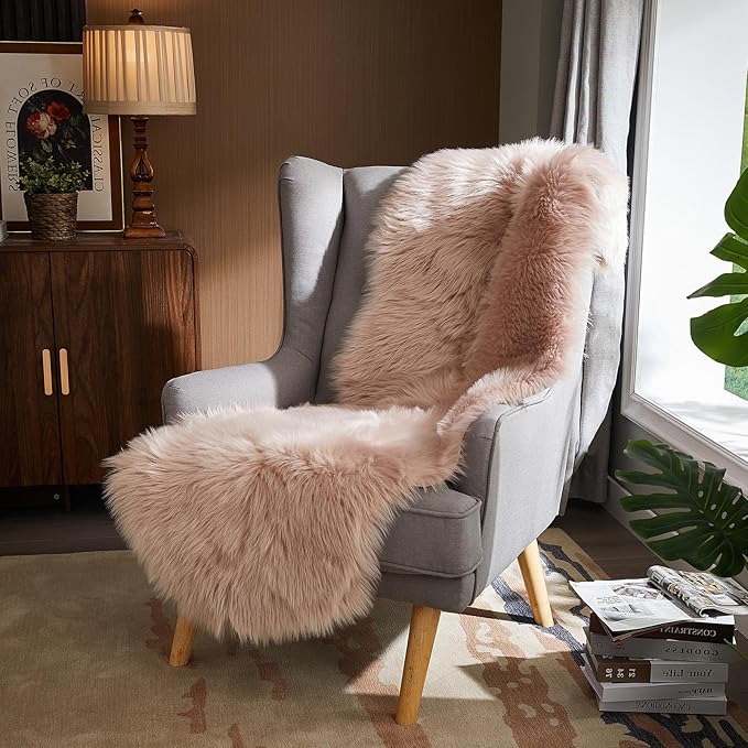 AMTOVO Faux Sheepskin Rug, Pink Ultra Soft Fluffy Shag Area Rug, 2 x 6 ft Faux Fur Rug for Bedroom Sofa Throw Cushion Room Decor, Sheepskin