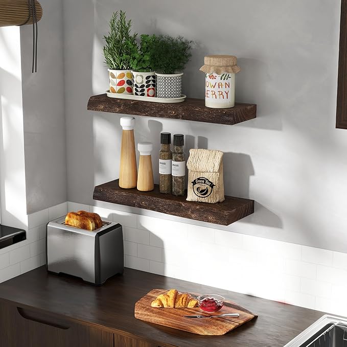24" Floating Shelves, Live Edge Solid Elm Wood Floating Shelf, Wall Mounted Display Shelves with Heavy-Duty Bracket for Books, Rustic Wooden Shelf for Kitchen, Bathroom, Walnut Color, Set of 2