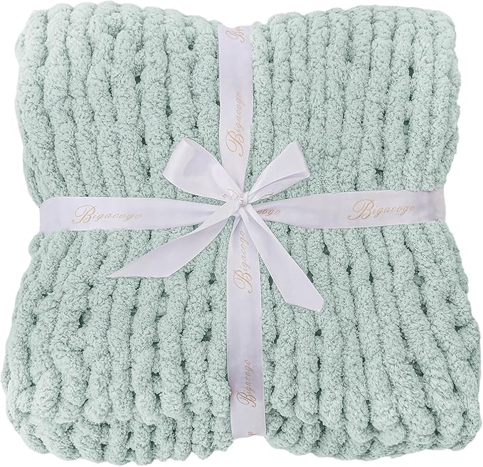 Bigacogo Chunky Knit Throw Blanket for Couch, 40x40 inches, 100% Hand Knitted with Thick Jumbo Chenille Yarn, Cozy Soft Large Rope Knot Cable Crochet Blankets for Sofa Bed Living Room, Mint