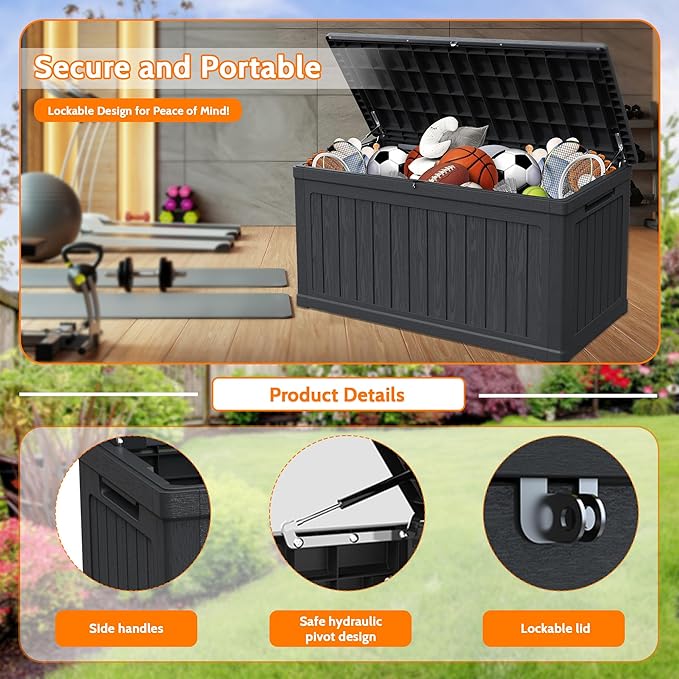 260 Gallon Double-Wall Resin Deck Box - Lockable Waterproof Outdoor Storage Box, 1000lbs Capacity & Doubles as Seating for Patio Furniture - Garden Tools, Pool Accessories (Black)
