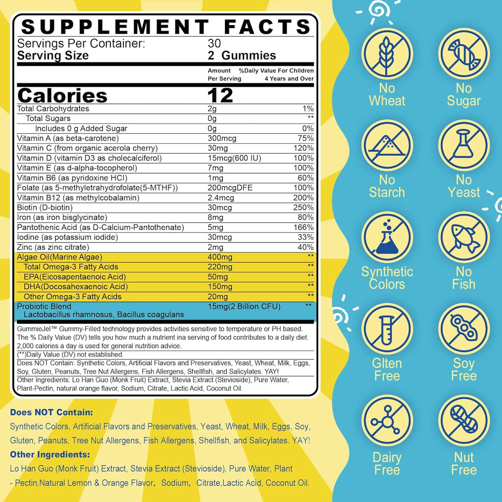 (2 Pack) Kids Multivitamin Gummies with Iron, Sugar Free, Kids Daily Vitamins + Probiotics, Algae Omega 3 (EPA/DHA), A, C, D, Methyl B12, Folate, B6, Zinc, Biotin, for Healthy Growth, Immune Support