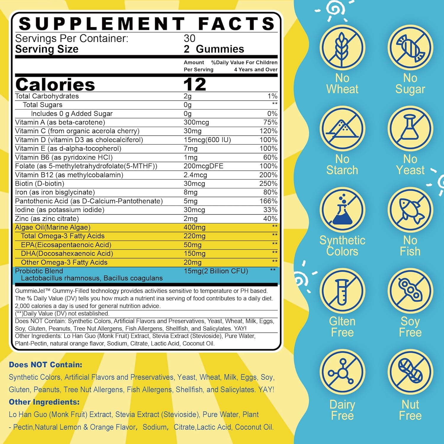 (2 Pack) Kids Multivitamin Gummies with Iron, Sugar Free, Kids Daily Vitamins + Probiotics, Algae Omega 3 (EPA/DHA), A, C, D, Methyl B12, Folate, B6, Zinc, Biotin, for Healthy Growth, Immune Support