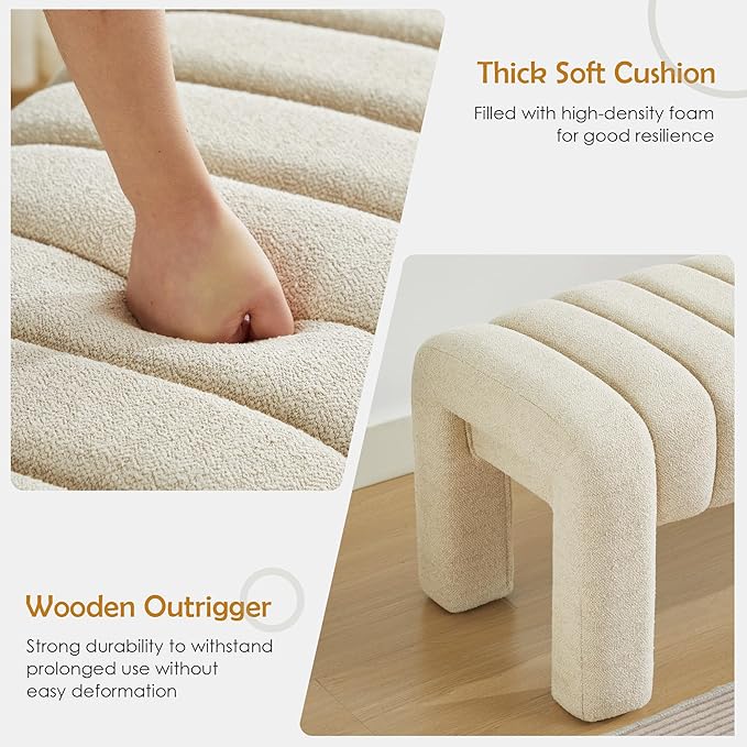 63" Bedroom Bench, Upholstered Entryway Bench, Modern End of Bed Ottoman with Solid Wood Legs and Adjustable Foot Pegs for Entryway, Dining Room and Living Room (Beige Linen)