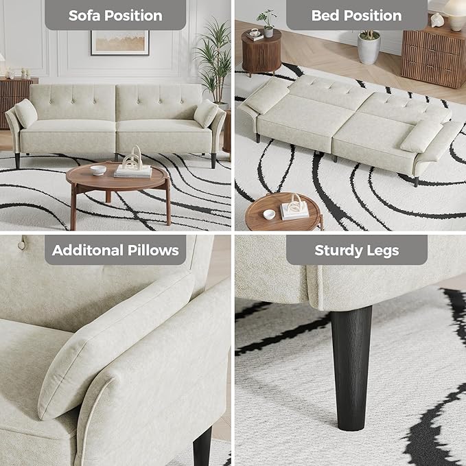 89” Futon Sofa Bed, Comfy Futon Couch Bed with 2 Square Pillows, Convertible Sleeper Sofa with Adjustable Backrest& Armrests, Modern Loveseat Sleeper for Living Room, Bedroom, White