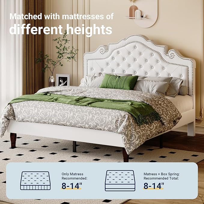 Allewie Queen Bed Frame with Adjustable Velvet Tiara Headboard, Upholstered Diamond Button Tufted Platform Bed, Wood Slats Support, No Box Spring Needed, Mattress Foundation, Easy Assembly, White