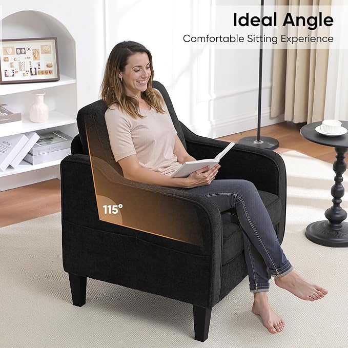Accent Chairs Set of 2, Upholstered Living Room Chairs with Side Pockets, Mid Century Modern Reading Chair for Bedroom, Comfy Armchair Single Sofa Side Chair for Office, Small Room, Black