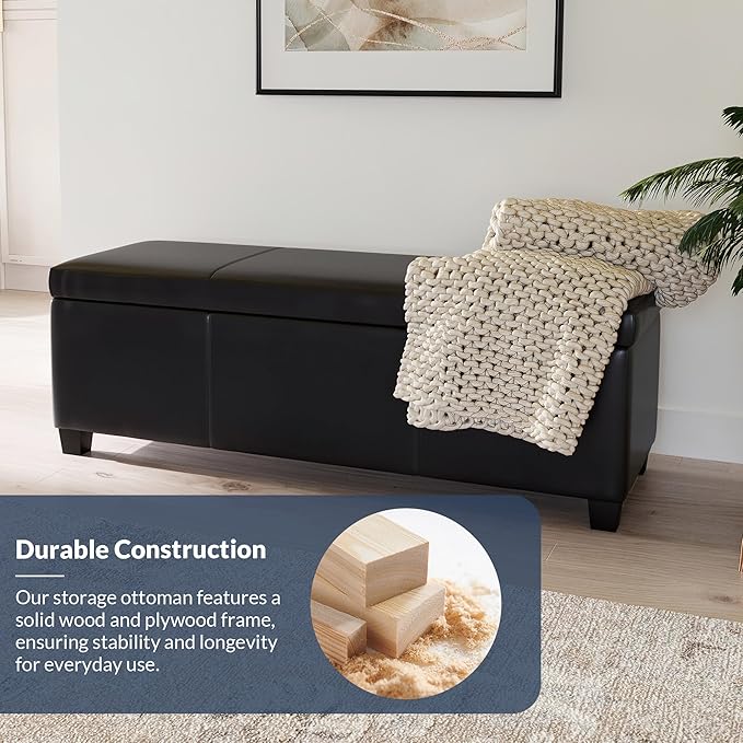 BELLEZE 47 Inch Storage Ottoman, Faux Leather Storage Bench Bedroom Bench with Safety Close Hinge, Ottoman with Storage for Living Room, Entryway, Hallway, Foot Rest, Support 300lbs - Black