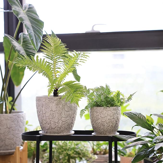 8 Inch + 6 Inch Retro Ceramic Planter Set of 2 with Drainage Hole and Saucer for Multiple Plants, Indoor-Outdoor Garden Pots for Succulent, Orchid, and Flower (Retro White)