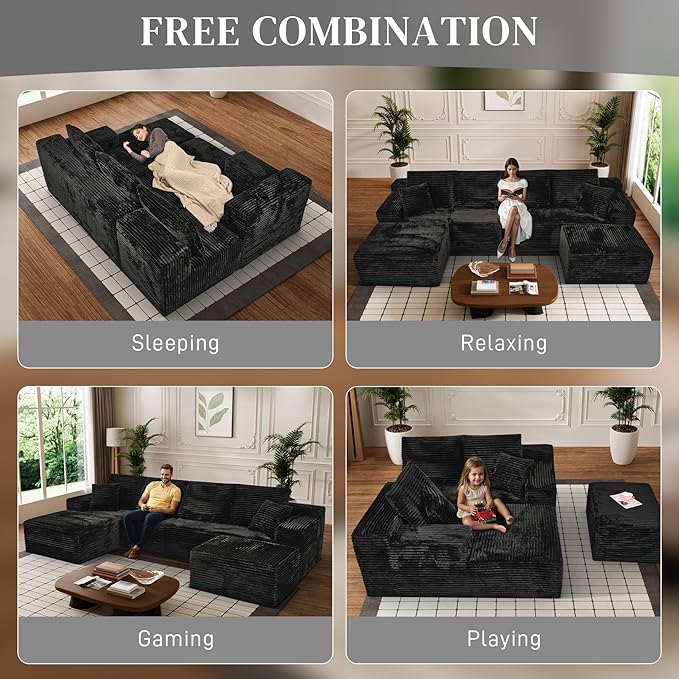 Modular Sectional Sofa Cloud Sectional Couch, 135" Comfy Fluffy U Shaped Black Couches for Living Room, Deep Seat Memory Foam Plush Corduroy Boneless Couch Sectionals with Left Facing Chaise Sofa