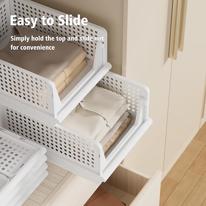 4 Pack Stackable Plastic Storage Basket Closet Organizer Bin Foldable Clothes Organizer Storage Drawer Shelf Container for Living Room Bathroom Kitchen Office (4S)