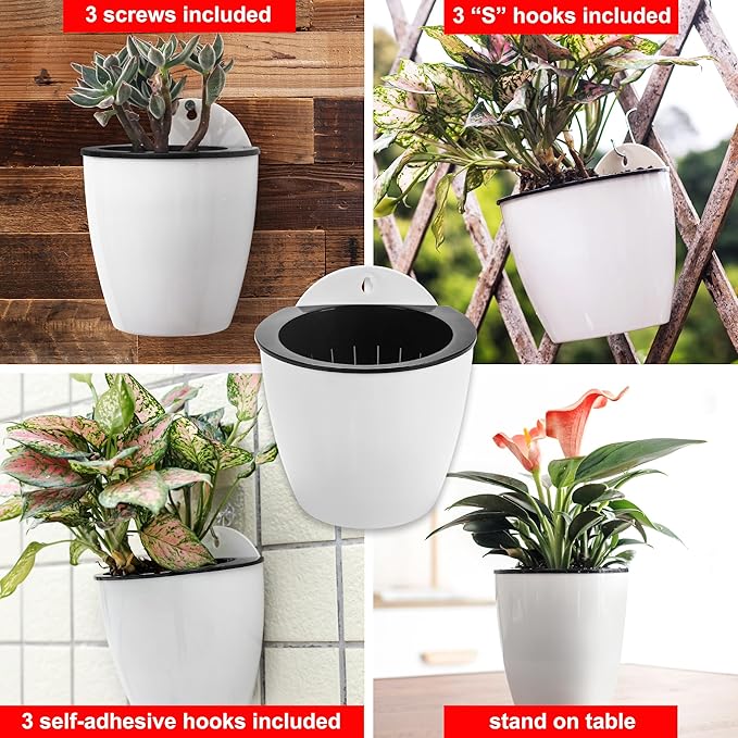 3 Pack Self Watering Wall Hanging Planter Pots Vertical Garden Window Hang Mount Indoor Outdoor Plant Flower Basket for Kitchen Herbs Balcony Railing Shelf Fence Bedroom Trellis Decor Modern White Box