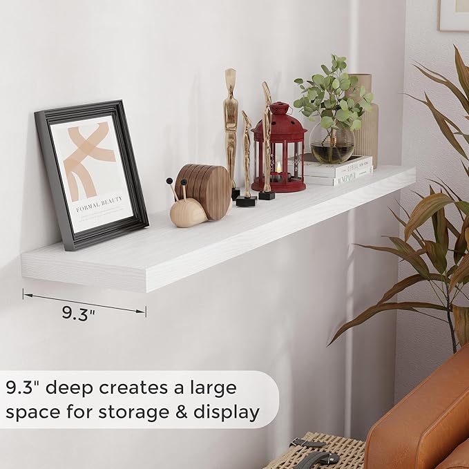 55 Inch Floating Shelves White, Rustic Wood Floating Shelf Wall Mounted, 9 Inch Deep Floating Shelf for Kitchen, Bedroom, 55 x 9 Wall Shelves for Home Storage, Set of 1