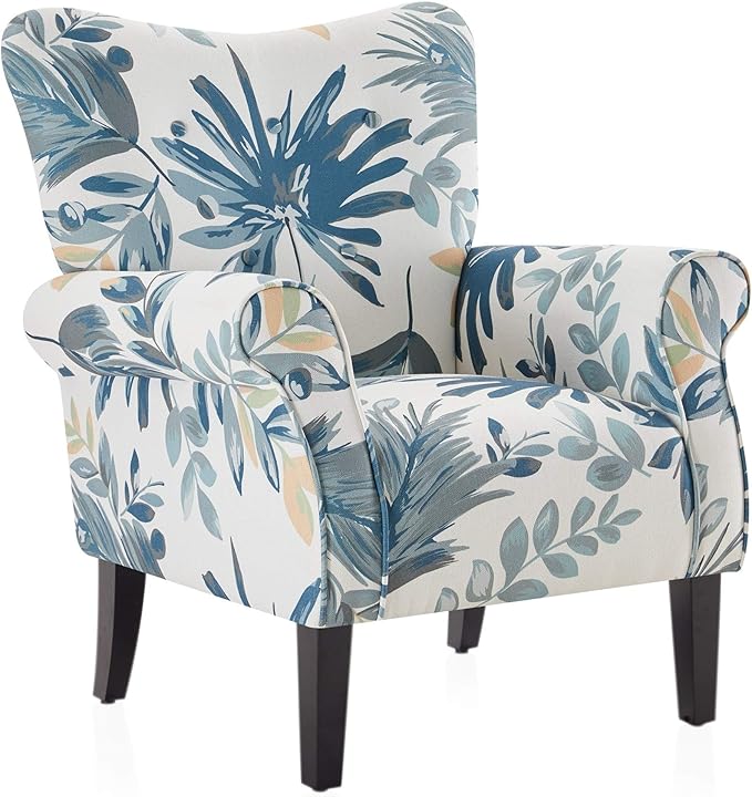 BELLEZE Modern Accent Chair for Living Room, High Back Floral Armchair w/Wooden Legs, Upholstered Wingback Side Chair Padded Armrest Single Sofa for Living Room, Bedroom - Allston (Green Blue Floral)