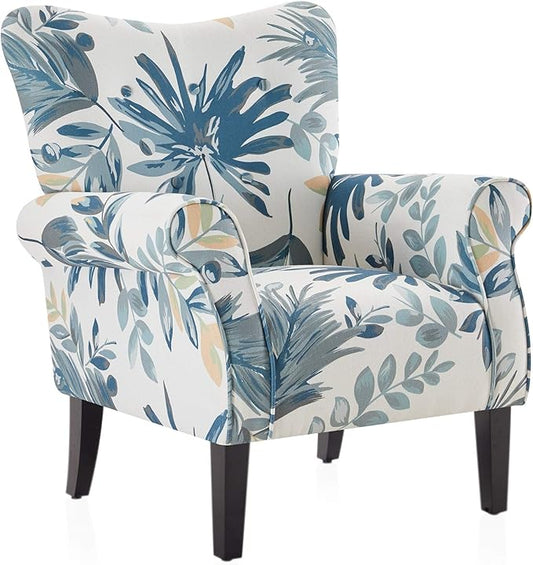 BELLEZE Modern Accent Chair for Living Room, High Back Floral Armchair w/Wooden Legs, Upholstered Wingback Side Chair Padded Armrest Single Sofa for Living Room, Bedroom - Allston (Green Blue Floral)