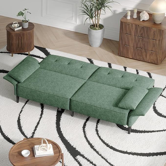 89” Futon Sofa Bed, Comfy Futon Couch Bed with 2 Square Pillows, Convertible Sleeper Sofa with Adjustable Backrest& Armrests, Modern Loveseat Sleeper for Living Room, Bedroom,Light Green