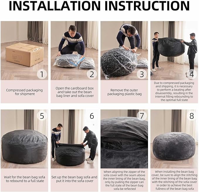 Bean Bag Chair 6Ft, Memory Foam Filled, Large Beanbag Chairs for Adults and Teens, Soft Sofa with Removable Flannel Cover, Round Couch for Living Room Bedroom College Dorm (Dark Gray, 6FT-67×67"×24")