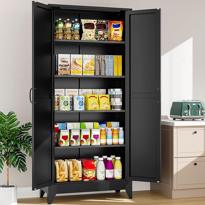 75" Tall Pantry Cabinet,Farmhouse Kitchen Pantry Storage Cabinets with 2 Doors and 5 Shelves,Black Metal Storage Cabinet,Large Cupboard for Home,Kitchen,Dining/Living Room