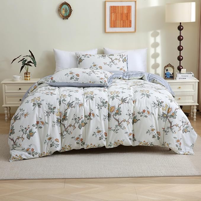 ABREEZE Floral Duvet Cover King Size Set Bird Flowers Bedding Set 100% Brushed Cotton Bedding Collection 1 Duvet Cover with 2 Pillowcases White