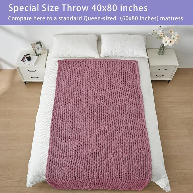 Bigacogo Chunky Knit Throw Blanket for Couch, 40x80 inches, 100% Hand Knitted with Thick Jumbo Chenille Yarn, Cozy Soft Large Rope Knot Cable Crochet Blankets for Sofa Bed Living Room, Burnt Rose