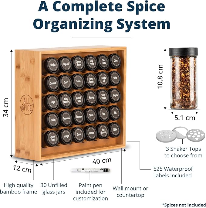 AllSpice Spice Rack Organizer, Wood, 525 Unique Labels, Countertop or Wall Mount, Includes 30 4oz Jars- Bamboo