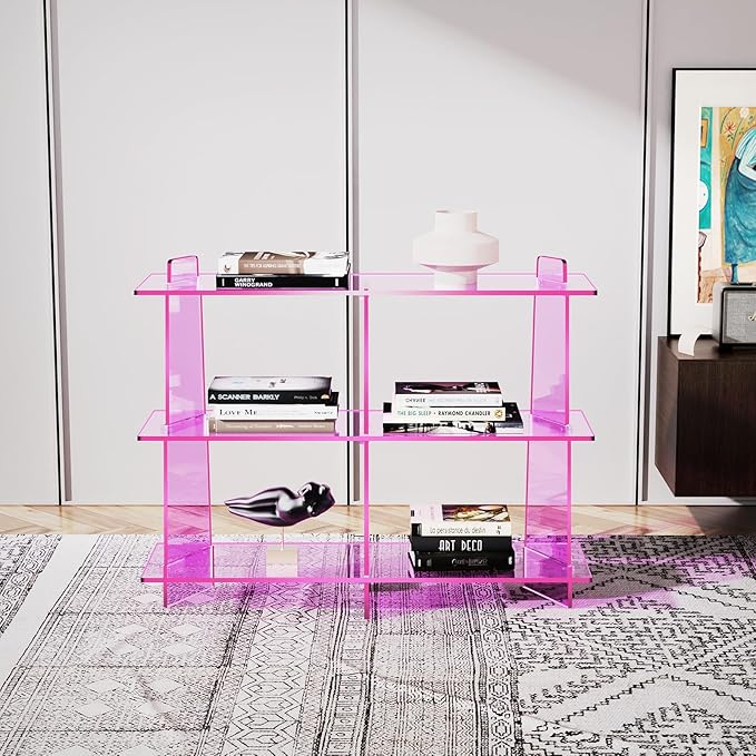Acrylic Bookshelf, Small 3 Tier Open Bookcase for Small Spaces,Sofa Table, Hallway Entry Table for Home Living Room (Pink, 39.4'' x 11.8'' x 31.5'')