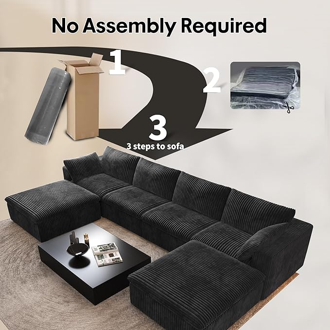 157.5" U Shaped Modern Sofa Modular Sectional Cloud Couch with 2 Ottoman,Deep Seat Upholstered Couches with Corduroy Fabric for Living Room Furniture,Bedroom and Apartment,No Assembly Required,Black