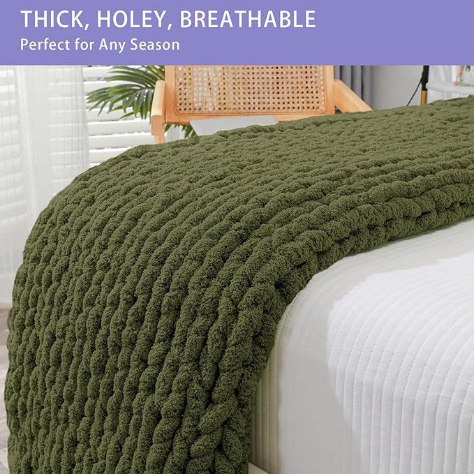 Bigacogo Chunky Knit Throw Blanket for Couch, 40x60 inches, 100% Hand Knitted with Thick Jumbo Chenille Yarn, Cozy Soft Large Rope Knot Cable Crochet Blankets for Sofa Bed Living Room, Yellow Green