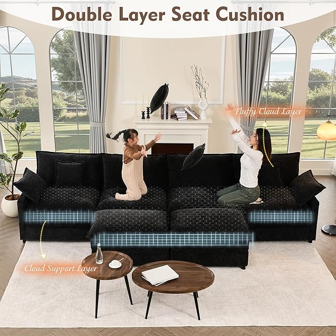 142.5" U Shaped Couch, Modular Sectional Sofa, 3-Seater Comfy Cloud Couch with Movable Ottoman, Deep Seat Couches for Living Room, Chenille, Black