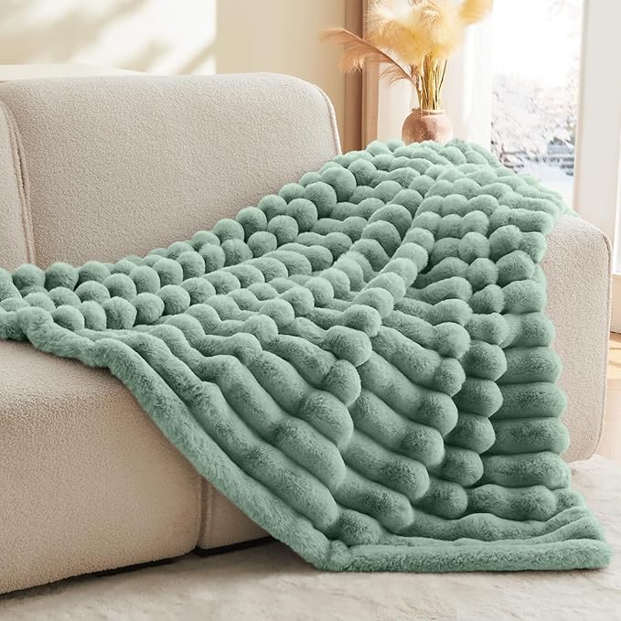 BEDELITE Faux Rabbit Fur Blanket, Luxurious 3D Striped Spring Blanket for Decor & Gift, Soft and Warm Plush Fluffy Faux Fur Throw Blanket All Seasons Suitable, (Sage Green, 60"x 80")
