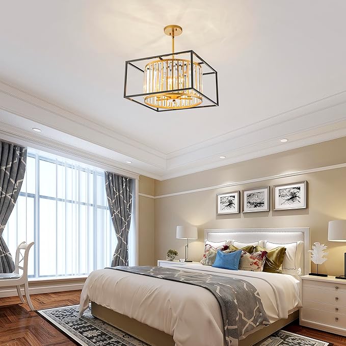 5-Lights K9 Crystal Chandelier, Modern Style Pendant Light Fixture for Dining Room, Bedroom & Living Room, Gold & Black Finish, L16.5 * W16.5 * H12~48 inch (Adjustable Height)