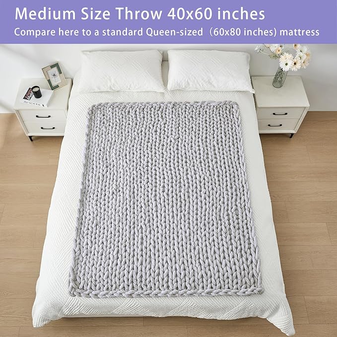 Bigacogo Chunky Knit Throw Blanket for Couch, 40x60 inches, 100% Hand Knitted with Thick Jumbo Chenille Yarn, Cozy Soft Large Rope Knot Cable Crochet Blankets for Sofa Bed Living Room, Light Grey
