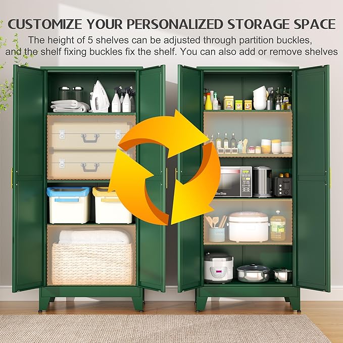 75.2" Tall Kitchen Food Pantry, Pantry Cabinet with 2 Door and 5 Adjustable Shelves, Green Laundry Room Cabinets, Freestanding Pantry for Kitchen, Study Room, Dining Room and Entryway