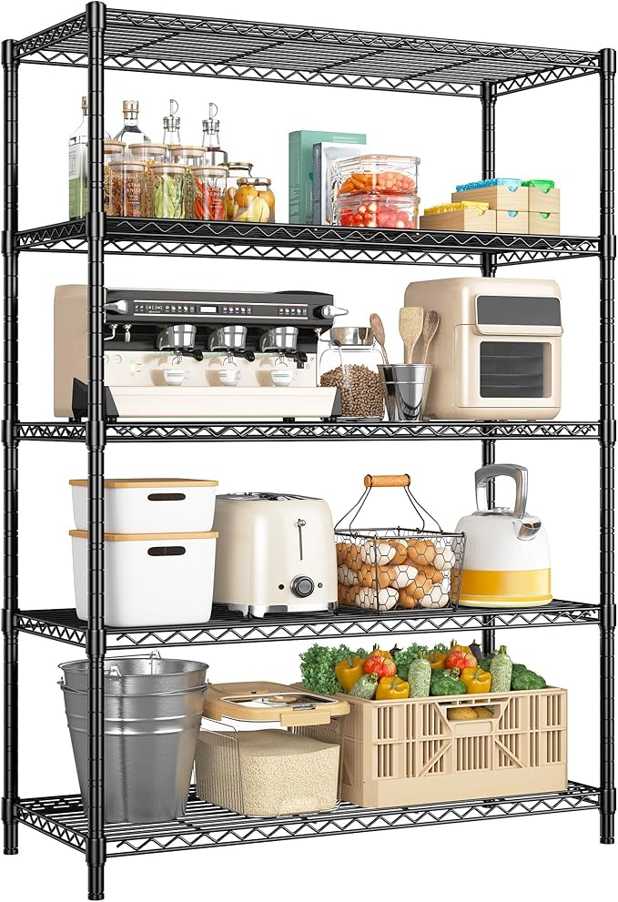 5 Tier Storage Shelves 71"H Wire Shelving Adjustable Metal Shelving,1000LBS Pantry Shelves Sturdy Steel Wire Shelf for Kitchen Commercial Pantry Garage Warehouse ,71"H X35.5"W X13.8"D, Black