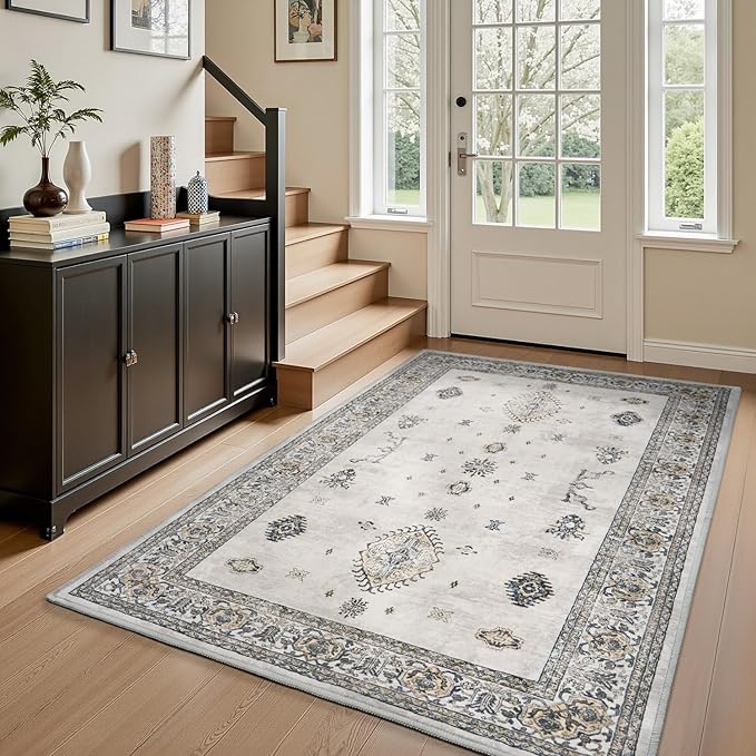 AMOAMI-Vintage Area Rug 4x6 Grey Rugs for Living Room-Soft Living Room Rug Non Slip Rugs for Bedroom Carpet Machine Washable Rug for Dining Room Bedside Office Room Decor