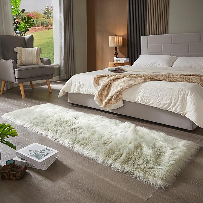 AMTOVO Faux Fur Rug, Light Grey Ultra Soft Fluffy Shag Sheepskin Rug, 2 x 6 ft Runner Area Rugs for Bedroom Sofa Throw Cushion Room Decor, Rectangle