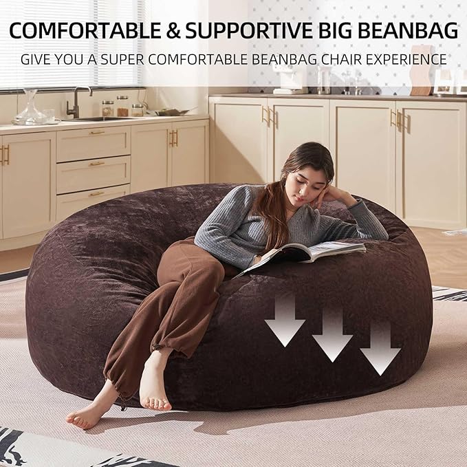 Bean Bag Chair 5Ft, Memory Foam Filled, Large Beanbag Chairs for Adults and Teens, Soft Sofa with Removable Flannel Cover, Round Couch for Living Room Bedroom College Dorm (Brown, 5FT-60×60"×24")