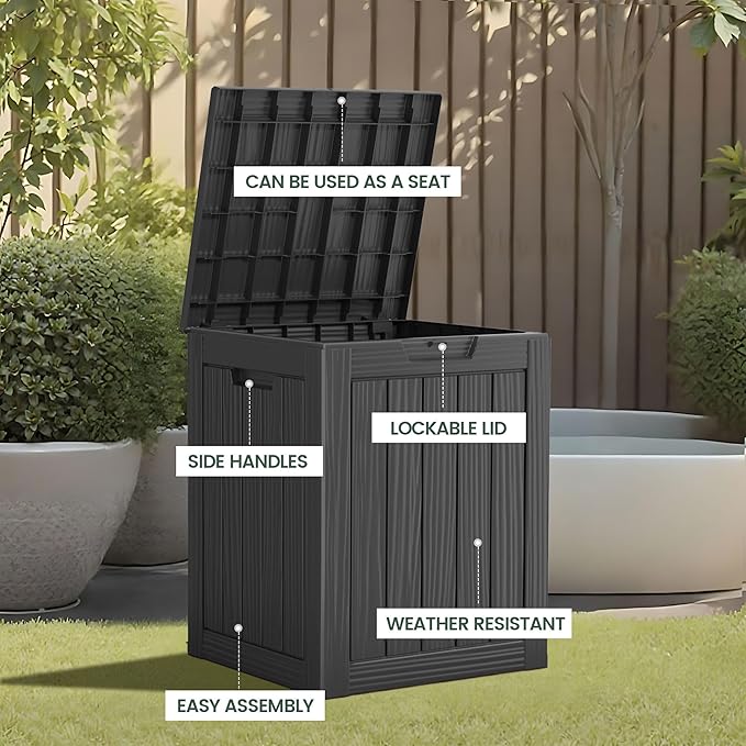 28 Gallon Outdoor Storage Box, Waterproof Durable Resin Deck Box for Indoor & Outdoor Use, Lockable Outdoor Bench, Deck Bin for Patio Furniture, Deliveries, Pool Supplies, Black