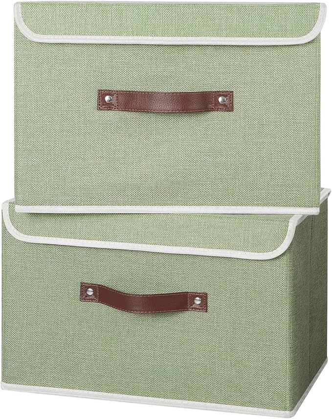 ANMINY 4PCS Storage Bins with Lid PU Leather Handles Storage Boxes PP Plastic Board Decorative Foldable Lidded Cotton Linen Fabric Home Cubes Baskets Closet Organizer Containers - Green, Large Size