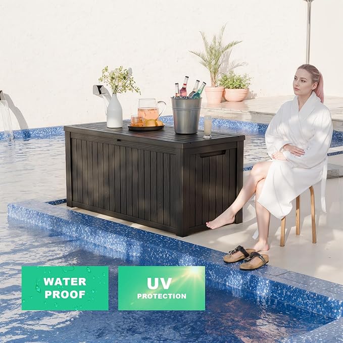 180 Gallon Outdoor Deck Box,Storage Lockable Waterproof Patio Furniture,Garden Tools,Cushions,Pool Accessories Outside Storage Resin Box(Black)