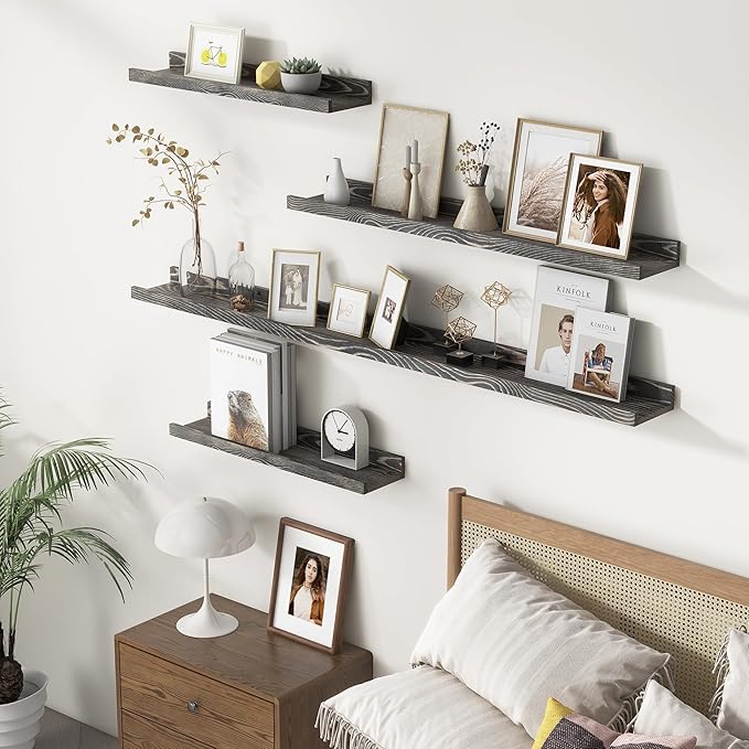 24 Inches Floating Shelves for Wall, Solid Pine Wood Picture Ledge Shelves, Wall Shelves with Lips, Nursery Book Shelves for Toys Storage Living Room Bedroom Photo Frames (2 Pcs, Grey)