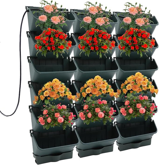 18 Pots Self-Watering Wall-Mounted Planter, 39.4”L x 39.4”H Vertical Wall Planter Self Watering Stackable Planters Vertical Garden Wall Garden Planter Outdoor Indoor for Herbs Flowers Strawberries