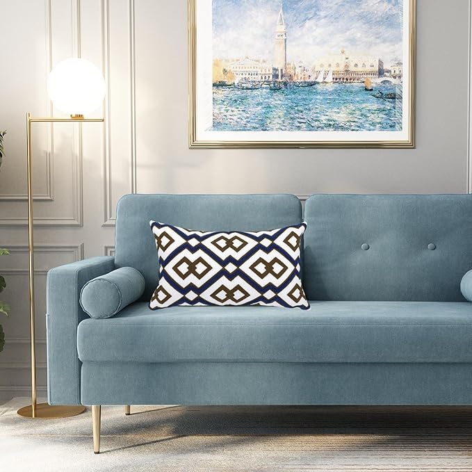 Alysheer Embroidered Lumbar Decorative Throw Pillow Cover 12"x 20", Classic Boho Geometric Embroidery Pattern Cotton Rectangular Cushion Case for Sofa Couch Living Room Bedroom(Blue Brown)