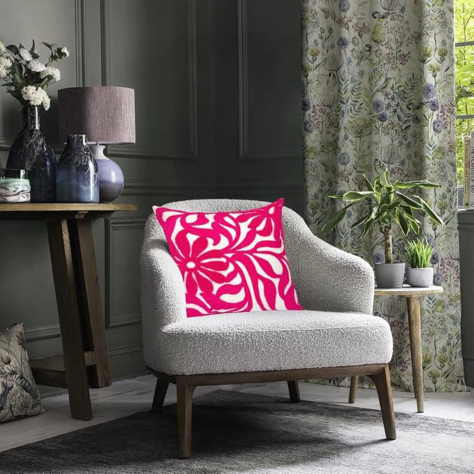 Alysheer Farmhouse Floral Leaves Embroidered Decorative Throw Pillow Cover 18x18 inches, Boho Tufted Flowers Embroidery Pattern Chic Cotton Cushion Case for Couch Bed Sofa Living Room(Bright Hot Pink)