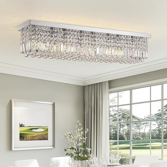 Modern Crystal Chandelier, 8-Lights Rectangle Chandelier Rectangular Flush Mount Pendant Ceiling Light Fixture K9 Crystal Raindrop Chandeliers for Dining Living Room Kitchen Island 𝐋𝟒𝟎 𝐈𝐧𝐜𝐡