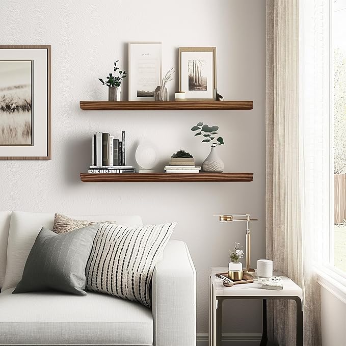 24"x6.8"x1.2" Solid Wood Floating Shelves 2-Pack - Rustic Brown Finish with Hidden Brackets, Perfect for Storage and Décor in Living Room, Kitchen, Bedroom