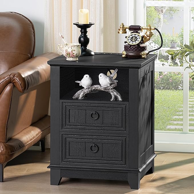 18" Farmhouse Night Stand with Charging Station, 2 Drawers End Table Dresser for Bedroom, Black Wooden Nightstand, Bed Side Table with Open Shelf, Bedside Cabinet for Living Room, Closet