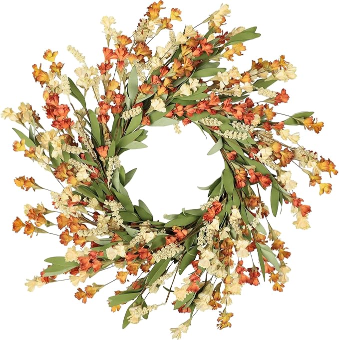 Artgar Fall Wreath, Fall Wreaths for Front Door, 24 in Fall Decor Floral Wreath, Door Wreaths for Front Door Outside All Season for Thanksgiving Home Indoor Outdoor Wall Decor (White Orange Yellow)