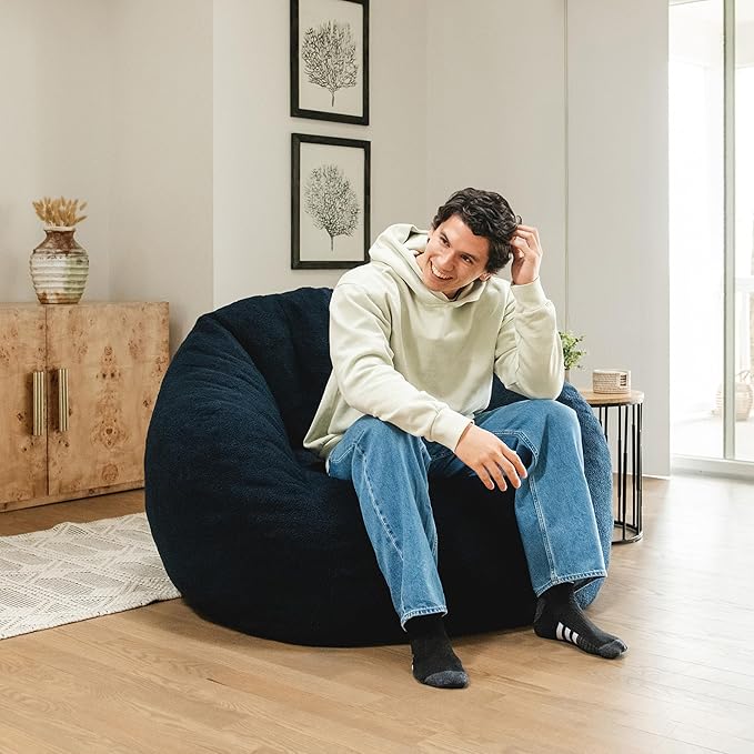 Big Joe Cloudberry Foam-Filled Structured Bean Bag Chair, Deep Blue Teddy Boucle