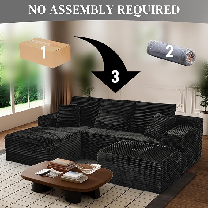 Modular Sectional Sofa Cloud Sectional Couch, 107" Comfy Fluffy U Shaped Black Couches for Living Room, Deep Seat Memory Foam Plush Corduroy Boneless Couch Sectionals with Left Facing Chaise Sofa